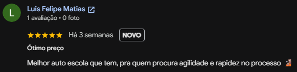 Avaliação de aluno da Autoescola JR PRO no Google